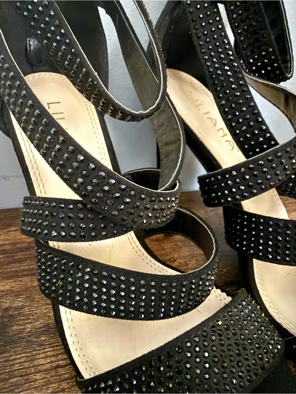 Black Strappy Crystal Stud High Heel Sandals